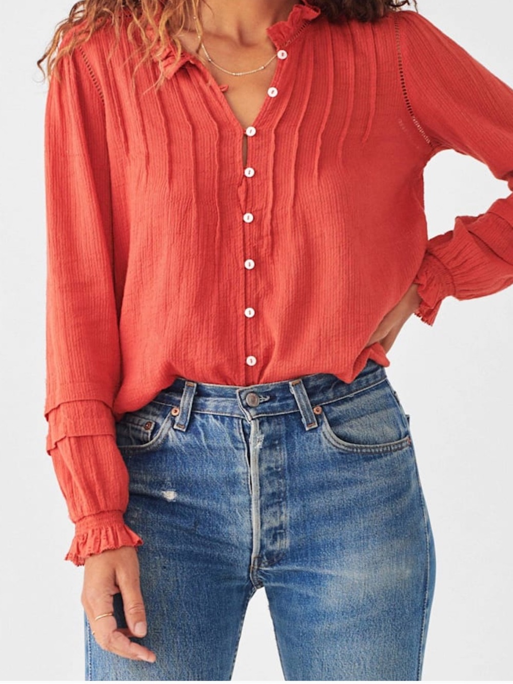 Faherty Willa Button Down Top - Color Carmine - 100% Organic Cotton